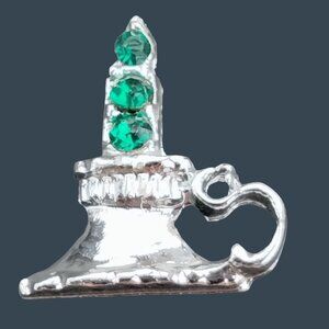 Candlestick Pinback Pin Tie Tack Silver Green Rhinestone Vintage Christmas